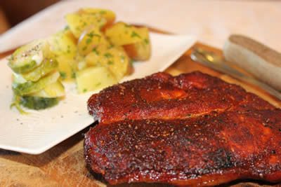 Finished apple smoked pork chops with sides